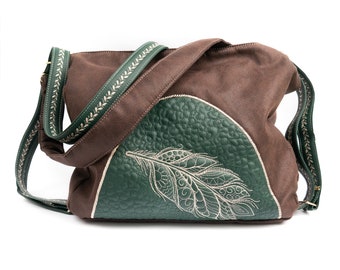 Suede Vegan 3in1 Hobo Bag with Zipper, Lightweight Large Crossbody Bag, Boho Style Everyday Shoulder Bag, Brown & Green Convertible Backpack