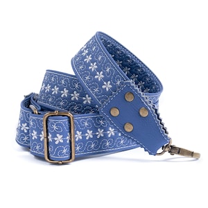 Breiter Crossbody-Taschengurt, gestickter Gitarrengurt aus veganem Leder mit Blumenmuster, extra langer verstellbarer Handtaschengurt, Vergissmeinnicht-Muster