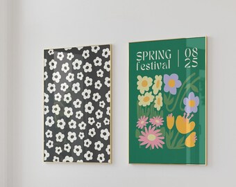 Printable Floral Wall Art Set – Modern Spring Festival Poster + Black & White Daisies Digital Download