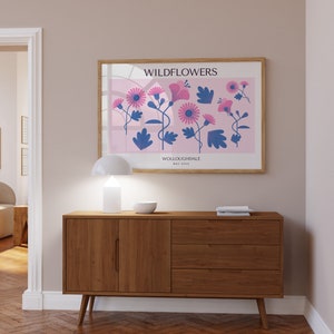 Maximalist Wall Art, Wildflowers Botanical Poster | Digital Download Art Print | Pink and Blue Floral Wall Decor | Modern Vintage Style
