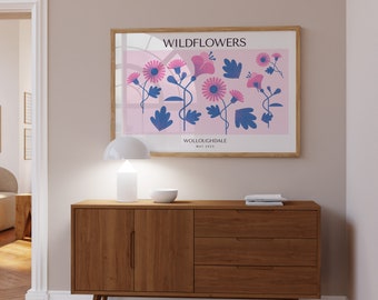 Maximalist Wall Art, Wildflowers Botanical Poster | Digital Download Art Print | Pink and Blue Floral Wall Decor | Modern Vintage Style
