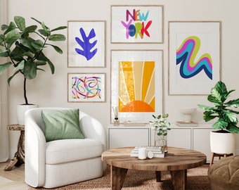 Galerijmuurafdrukken, set prenten, kleurrijke muurkunstset, moderne muurkunst, muurafdrukken set, maximalistische muurkunst, galerijmuurset