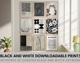 60 Piece Digital Gallery Wall Art Bundle | Abstract, Floral, Trendy, Black and White, Vintage, Kitchen & Bar | Printable Wall Decor