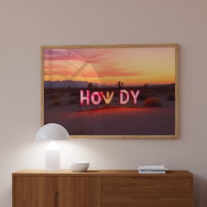 Western Decor of a Howdy Neon Sign Art Digital Print, Southwestern Modern Art, Desert Home Art, Eclectic Home Decor, Cowboy Art