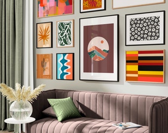 Galerij muurafdrukken, reeks prenten, maximalistische muurkunst, abstracte digitale prints, muurkunstset, moderne prenten, eclectische esthetiek