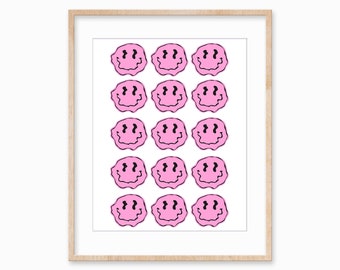 Pink Smiley Face Wall Art Print | Wavy Retro Digital Poster | Groovy Printable Download for Dorms, Teen Rooms, or Eclectic Decor