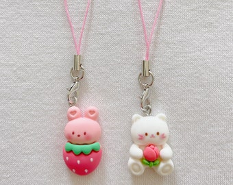 Cute Strawberry Cat and Tulip Cat Charm, Pastel Pink Phone Charm, Keychain for Bags and Electronics, Airpod Case Accessory, Kawaii Gift Idea