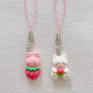 Cute Strawberry Cat and Tulip Charm - Pastel Phone Charm -Keychain for Bags and Electronics - Airpod Case Accessory - Kawaii Gift Idea