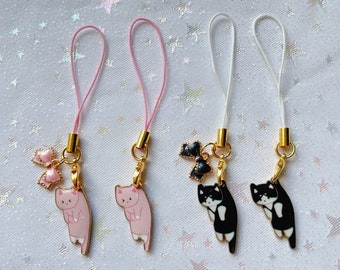 Cute Black and Pastel Pink Cat with Bow - Gold Keychain for Bags and Electronics - Phone Charm - Gift For Cat People