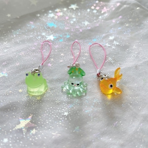 Cute Jelly Sea Creature Charm - Gold Fish, Frog, Squid, Jellyfish - Transparent Phone Charm - Mini Keychain for Bags and Electronics