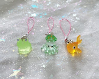 Cute Jelly Sea Creature Charm - Gold Fish, Frog, Squid, Jellyfish - Transparent Phone Charm - Mini Keychain for Bags and Electronics