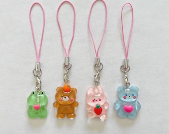 Cute Jelly Pastel Animal Charm - Transparent Frog, Bear, Bunny Rabbit -Phone Charm - Keychain for Bags and Electronics