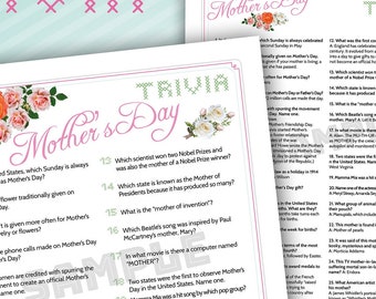 Mother's Day Trivia, Mothers Day Games, Printable Trivia Game for Mother's Day Party, Mothers Day Party Trivia, Instant Download Trivia Game