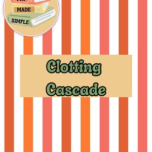 Op de afbeelding: Illustratie met een gestreepte achtergrond in oranje, roze en wit. De tekst "Clotting Cascade" staat in groene letters op een beige rechthoek. Een cirkelvormige afbeelding toont drie gestapelde boeken met de woorden "FNP", "MADE" en "SIMPLE".