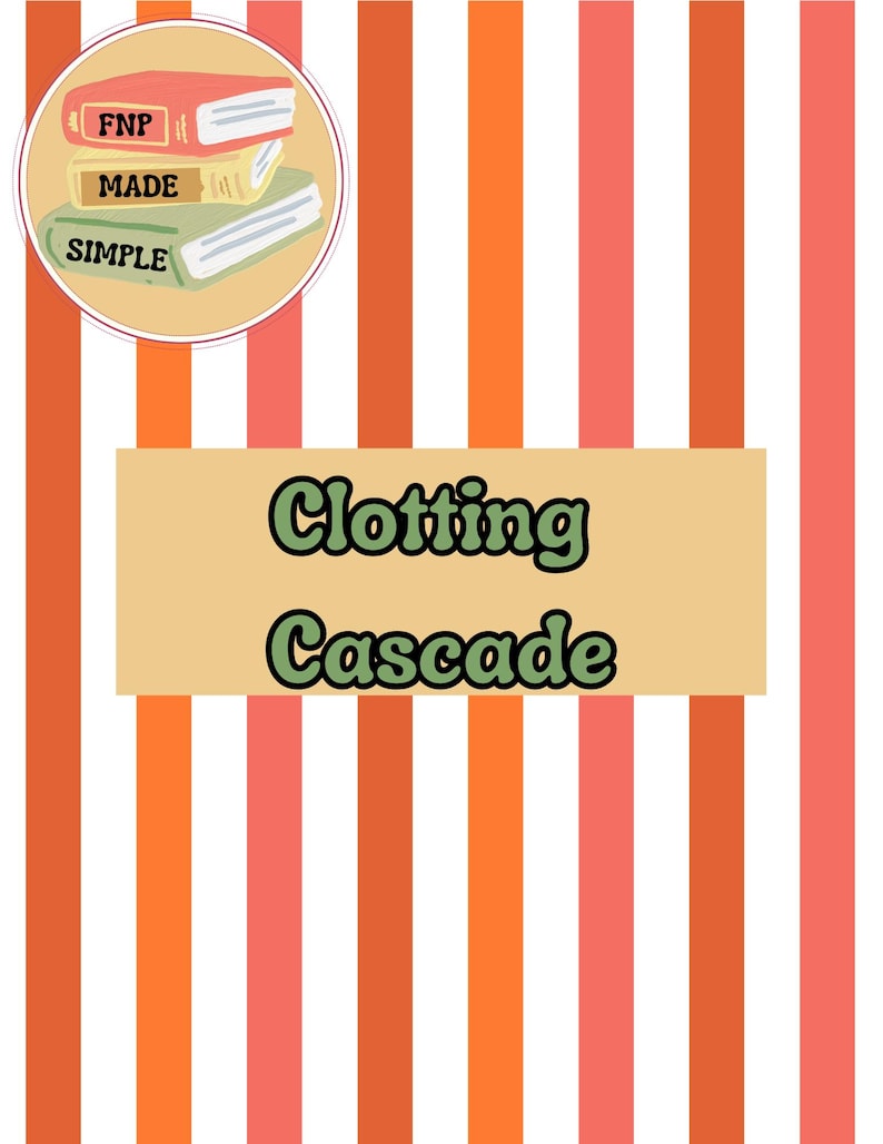 Op de afbeelding: Illustratie met een gestreepte achtergrond in oranje, roze en wit. De tekst "Clotting Cascade" staat in groene letters op een beige rechthoek. Een cirkelvormige afbeelding toont drie gestapelde boeken met de woorden "FNP", "MADE" en "SIMPLE".