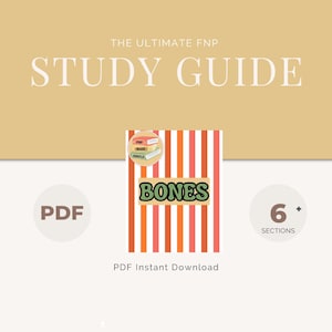 May include: A digital study guide titled "Study Guide" with the text "BONES" on a striped background. The guide is labeled as a PDF instant download with 6 sections.