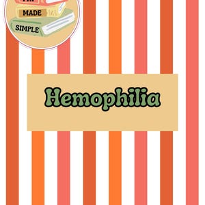 Op de afbeelding: Een kleurrijke afbeelding met verticale strepen in oranje, roze en wit. Het woord "Hemophilia" staat in groene tekst op een beige rechthoek. Een cirkelvormige afbeelding linksboven toont drie gestapelde boeken met de woorden "FNP", "MADE" en "SIMPLE".