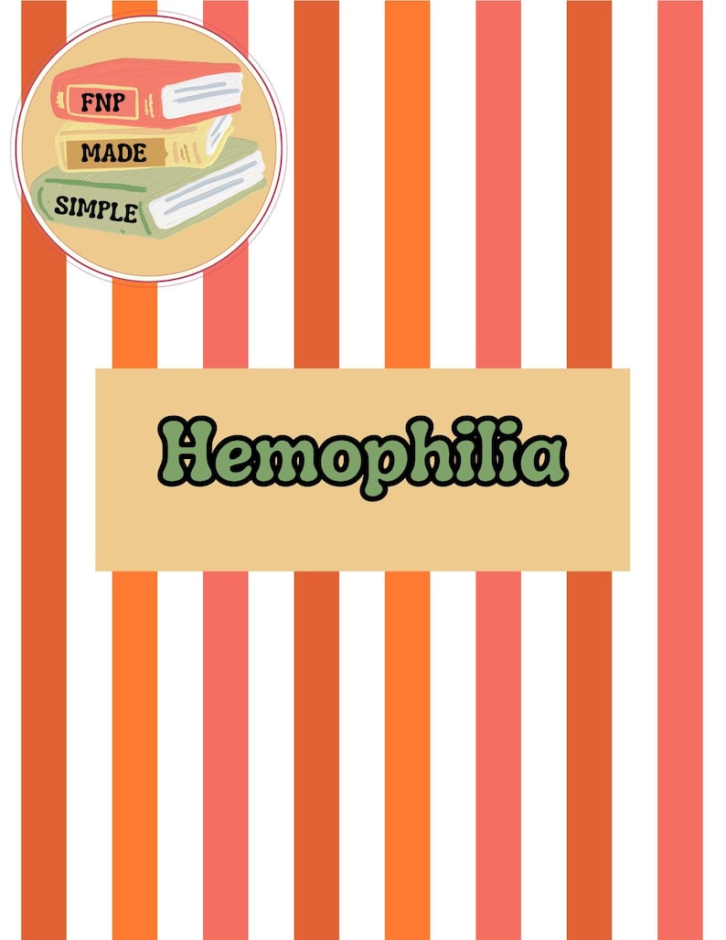 Op de afbeelding: Een kleurrijke afbeelding met verticale strepen in oranje, roze en wit. Het woord "Hemophilia" staat in groene tekst op een beige rechthoek. Een cirkelvormige afbeelding linksboven toont drie gestapelde boeken met de woorden "FNP", "MADE" en "SIMPLE".