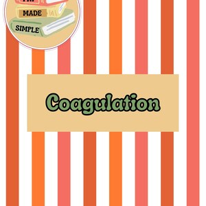 Op de afbeelding: Illustratie met een gestreepte achtergrond in oranje, roze en wit. Een cirkelvormige afbeelding toont gestapelde boeken met de tekst "FNP MADE SIMPLE". Het woord "Coagulation" wordt in het groen weergegeven.