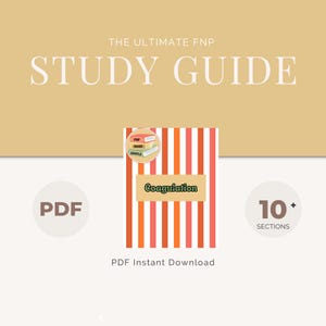 Puede incluir: Una guía de estudio con el texto "THE ULTIMATE FNP STUDY GUIDE" en marrón claro. La guía tiene una portada con rayas verticales rojas y naranjas y la palabra "Coagulation". La imagen también incluye el texto "PDF Instant Download" y "10+ SECTIONS".