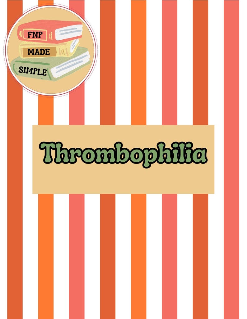 Op de afbeelding: Een boekomslagontwerp met een verticaal gestreepte achtergrond in oranje, roze en wit. De tekst "Thrombophilia" wordt in groene letters weergegeven op een beige rechthoek. Een cirkelvormige afbeelding toont gestapelde boeken met de tekst "FNP MADE SIMPLE".