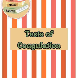 Op de afbeelding: Afbeelding met verticale strepen in oranje, roze en wit. De tekst "Tests of Coagulation" wordt weergegeven op een beige rechthoek. Een cirkelvormige afbeelding toont drie gestapelde boeken met de woorden "FNP", "MADE" en "SIMPLE".