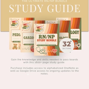 May include: A digital study guide bundle for RN and NP students featuring multiple covers with retro-style orange, red, and green wavy stripes. The text reads THE ULTIMATE RN/NP BUNDLE STUDY GUIDE, RN/NP STUDY BUNDLE, and 32+ SECTIONS with medical icons.