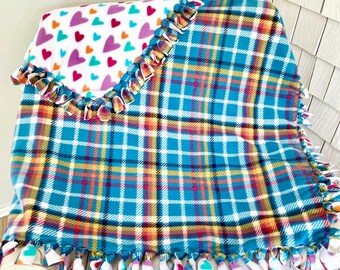 Reversible Fleece Dog Blanket (36"X36") - Blue Plaid & Hearts, Includes Free Dog Toy