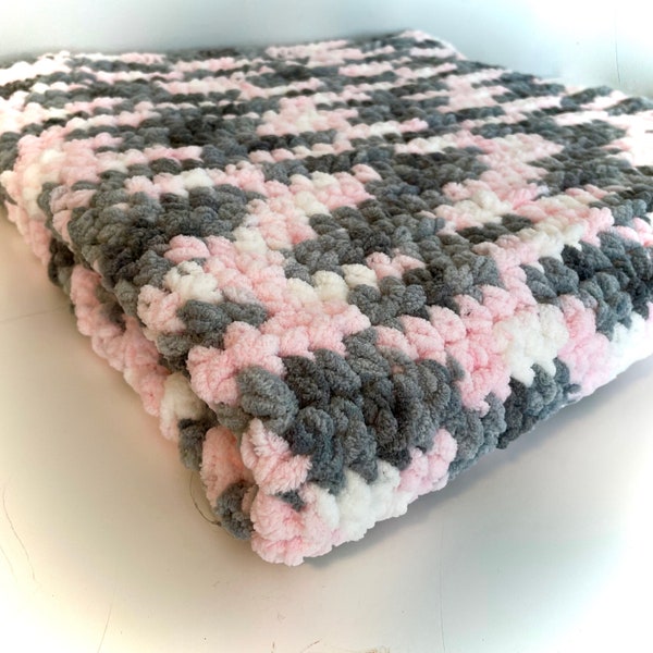 LARGE Chunky Handmade Soft and Cuddly Fleece Baby to Toddler Crocheted Bernat Blanket. Also perfect as a Lap Blanket for Adults!