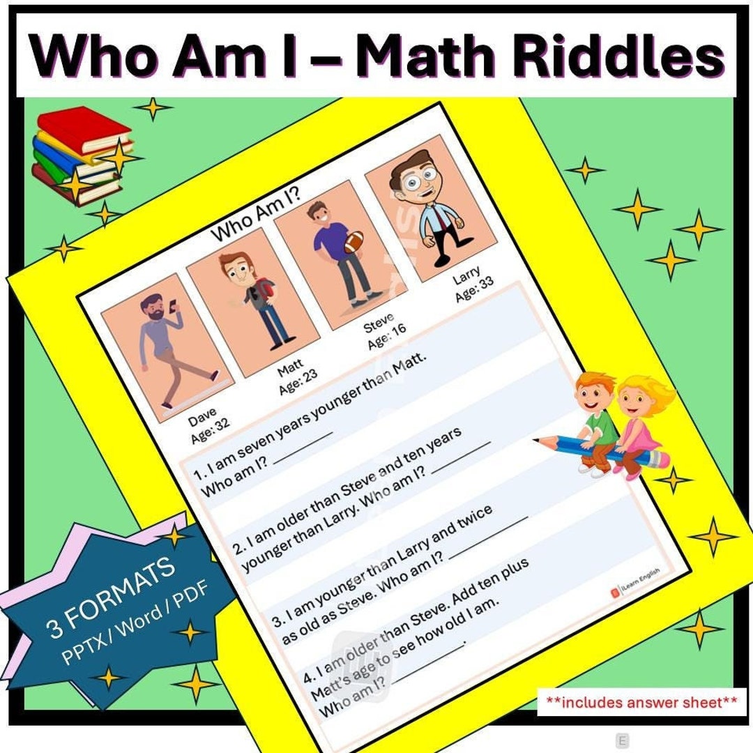 Math Riddle Worksheet Who Am I includes Answer Sheet - Etsy