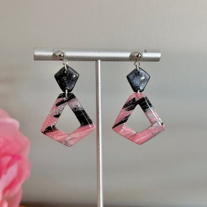 Frosted Black Pink Earrings, Handmade Polymer Clay Earrings, Dangle Earrings