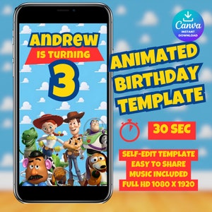 Puede incluir: Plantilla de invitación de cumpleaños animada con personajes de la franquicia de películas Toy Story. La plantilla es personalizable con un nombre, una edad y una animación de 30 segundos. El texto en la plantilla dice "Andrew cumple 3 años".