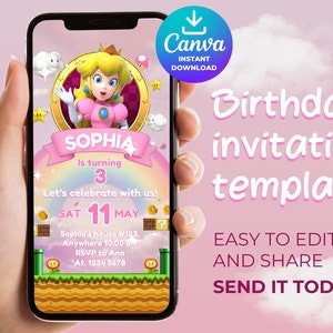 Puede incluir: Una plantilla de invitación de cumpleaños digital rosa y amarilla con un personaje de princesa de dibujos animados. El texto dice "Sophia cumple 3 años. ¡Celebremos con nosotros! Sáb 11 de mayo. Casa de Sophia #123, En cualquier lugar 10:00 am. RSVP a Ana al 1234 5678."