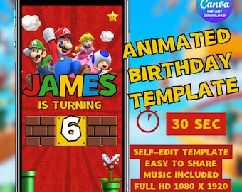 Op de afbeelding: Een smartphone scherm toont een kleurrijke geanimeerde verjaardagssjabloon met Mario-personages. De tekst luidt "JAMES WORDT 6", met extra tekst die een geanimeerde video van 30 seconden en een Canva instant download aangeeft.