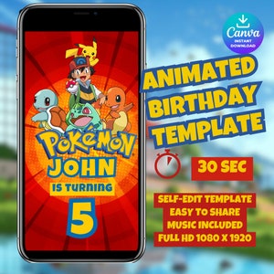 Digital Pokemon Birthday Invitation - Editable Invitation Template - Animated Party Invitation - Electronic Invitation - Instant Access