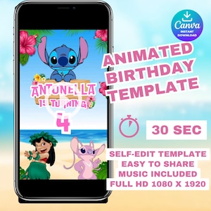 Invito di compleanno digitale Lilo & Stitch - Modello di invito modificabile - Invito animato per feste - Invito elettronico