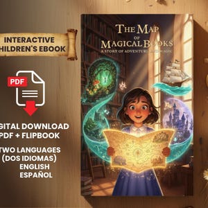 Puede incluir: Se muestra la portada de "The Map of Magical Books", un ebook interactivo para niños. La ilustración presenta a una niña con un mapa, con ilustraciones de un bosque, un barco y un castillo. El ebook está disponible como descarga digital en PDF y flipbook, en inglés y español.
