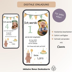 Einladungskarte Kindergeburtstag mit Foto für WhatsApp E-Mail, digitale Geburtstagseinladung Mädchen und Jungen, E-Card Vorlage Canva Bär