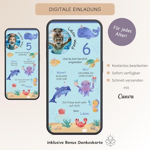 Einladung Kindergeburtstag Unterwasser Meerestiere, Personalisierbare digitale Einladung Wal, E-Card Geburtstag WhatsApp Foto, Vorlage Canva