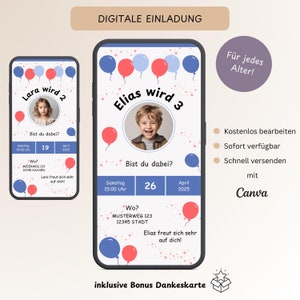 Convite digital para aniversário infantil com balão e foto, cartão de convite personalizável para meninos e meninas, e-card WhatsApp, modelo Canva