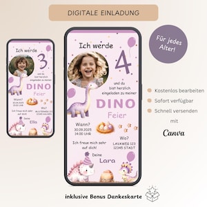 Einladung Kindergeburtstag Dino mit Foto, Personalisierbare digitale Einladungskarte Dinosaurier, E-Card WhatsApp Mädchen, Vorlage Canva