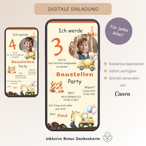 Invitation anniversaire enfant chantier de construction pelle avec photo, invitation numérique personnalisable garçon, e-carte WhatsApp anniversaire, modèle Canva