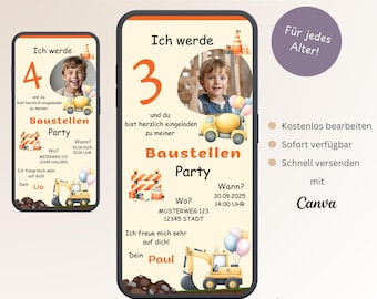 Children's birthday invitation excavator construction site with photo, personalizable digital invitation boy, e-card WhatsApp birthday, template Canva