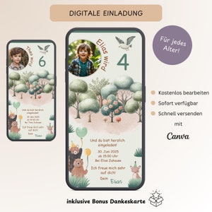 Convite aniversário infantil animais da floresta e foto, convite digital florestal personalizável, e-card WhatsApp aniversário urso raposa, modelo Canva