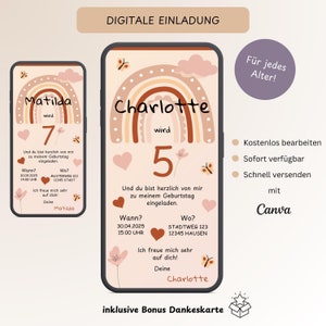 Invitation arc-en-ciel pour anniversaire d'enfant, carte d'invitation numérique personnalisable pour filles, e-carte anniversaire WhatsApp téléphone portable, modèle Canva