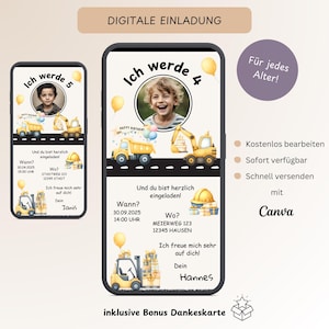 Invitación cumpleaños infantil obra excavadora con foto, invitación digital personalizable niño, tarjeta electrónica cumpleaños WhatsApp, plantilla Canva