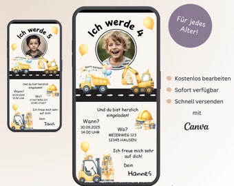 Children&#39;s birthday invitation excavator construction site with photo, personalizable digital invitation boy, e-card birthday WhatsApp, template Canva