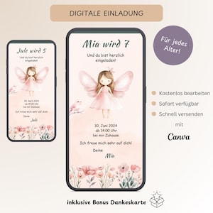 Invito digitale fata compleanno bambini, biglietto invito personalizzabile ragazza rosa, e-card compleanno WhatsApp fate, modello Canva