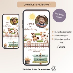 Invito digitale compleanno bambini animali, invito compleanno WhatsApp con foto, biglietto d'invito e-card ragazzi della fattoria, modello Canva
