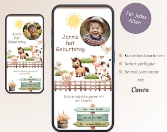 Cyfrowe zaproszenie na urodziny dla dzieci, zaproszenie na urodziny WhatsApp ze zdjęciem, e-karta z zaproszeniem dla chłopców z farmy, szablon Canva